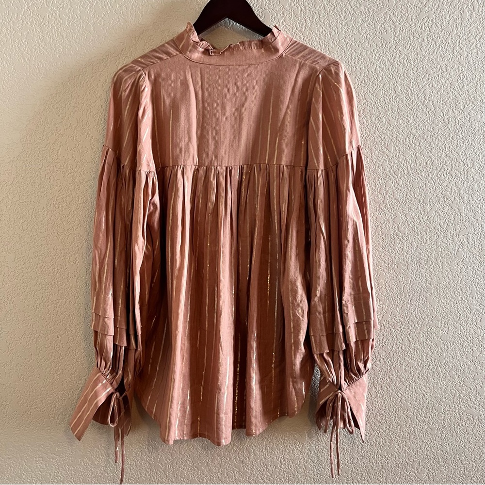 Shona Joy Boho Balloon Sleeve Gold Metallic Blouse Size 8 - Picture 8 of 11